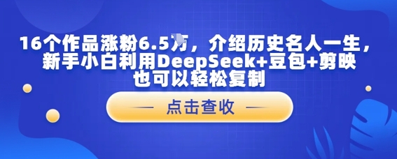 16个作品涨粉6.5W，介绍历史名人一生，新手小白利用DeepSeek+豆包+剪映也可以轻松复制-DE云网创