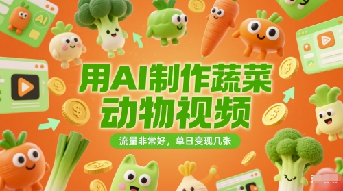 用AI制作蔬菜动物视频，流量非常好，单日变现几张-DE云网创