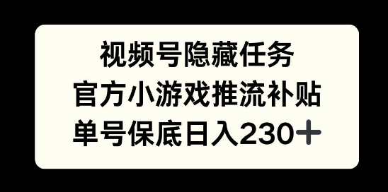 视频号隐藏任务，官方小游戏推流补贴，   单号平均收益日入230+-DE云网创