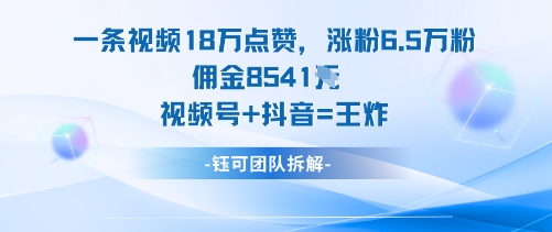 一条视频18W点赞，涨粉6.5W粉佣金8541米，视频号+抖音=王炸-DE云网创