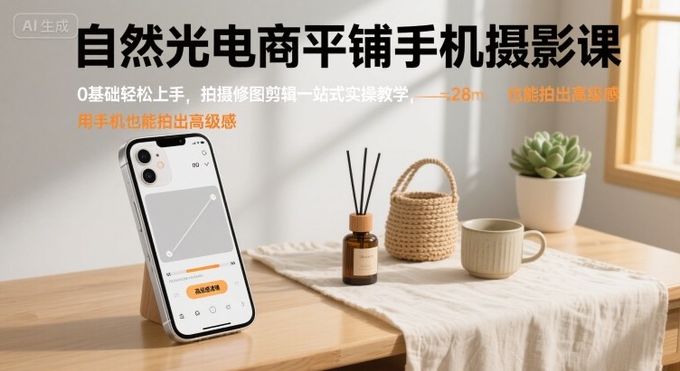 自然光电商平铺手机摄影课，0基础轻松上手，拍摄修图剪辑一站式实操教学，用手机也能拍出高级感-DE云网创