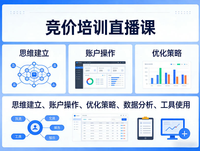 竞价培训直播课，覆盖思维建立、账户操作、优化策略、数据分析、工具使用等，全方位提升效果-DE云网创