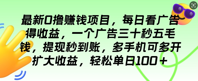 最新0撸项目，每日看广告得收益，一个广告三十秒五毛钱，提现秒到账，轻松单日100+-DE云网创