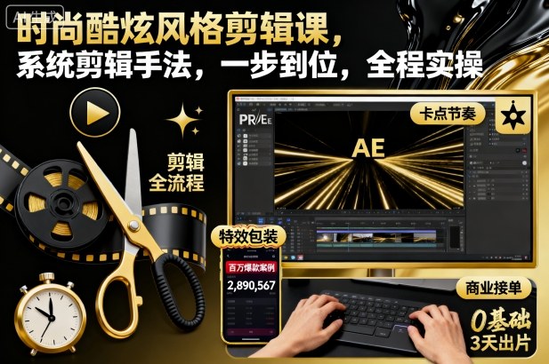 时尚酷炫风格剪辑课，系统剪辑手法，一步到位，全程实操-DE云网创