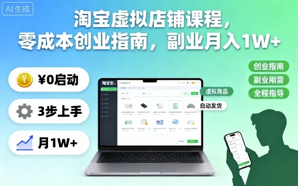 淘宝虚拟店铺课程，零成本创业指南，副业月入1W+-DE云网创