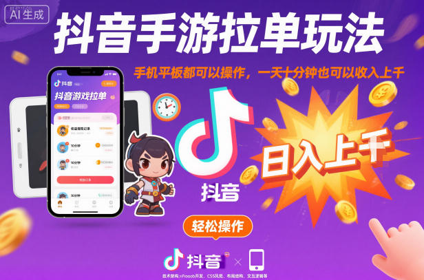 抖音手游拉单玩法，手机平板都可以操作，一天十分钟也可以收入上K【揭秘】-DE云网创