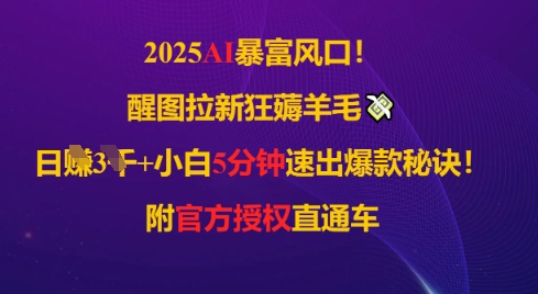 2025AI风口，醒图拉新狂薅羊毛，日入几张，小白5分钟速出爆款秘诀!附官方授权直通车-DE云网创