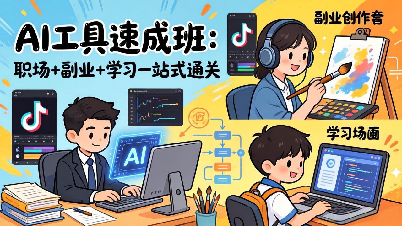 AI工具速成班:职场+副业+学习一站式通关,20+爆款类型+剪映技巧+抖音算法,0基础快速上手-DE云网创