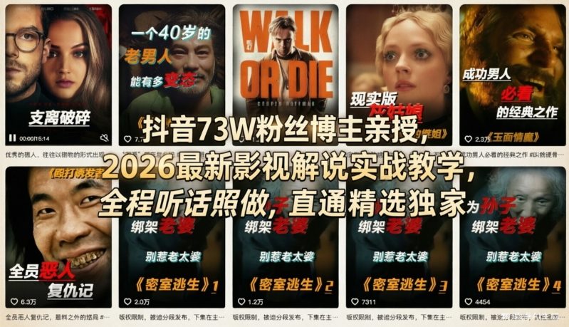 抖音73W粉丝博主亲授,2026最新影视解说实战教学,全程听话照做,直通精选独家-DE云网创