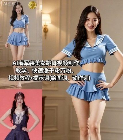 AI海军装美女跳舞视频制作教学,快速涨千粉万粉,视频教程+提示词(绘图词、动作词)-DE云网创