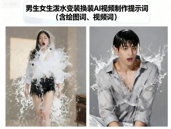 男生女生泼水变装换装AI视频制作提示词(含绘图词、视频词)-DE云网创