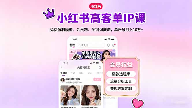 小红书高客单IP课，免费盈利模型、会员制、关键词截流，单账号月入10万+-DE云网创