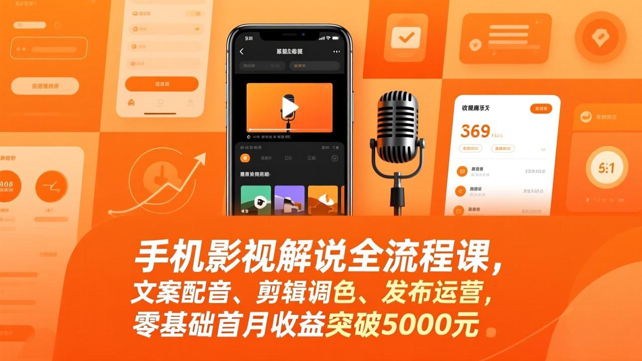 手机影视解说全流程课，文案配音、剪辑调色、发布运营，零基础首月收益突破5000元-DE云网创