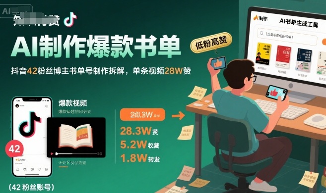 AI制作爆款书单，抖音42粉丝博主书单号制作拆解，单条视频28W赞-DE云网创